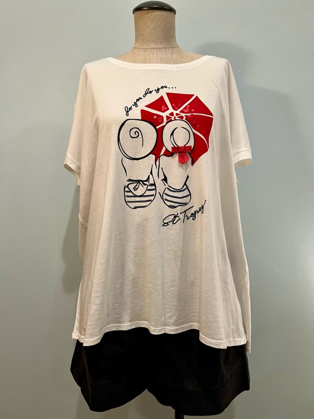 White Graphic Tee with Red Umbrella and Nautical Design